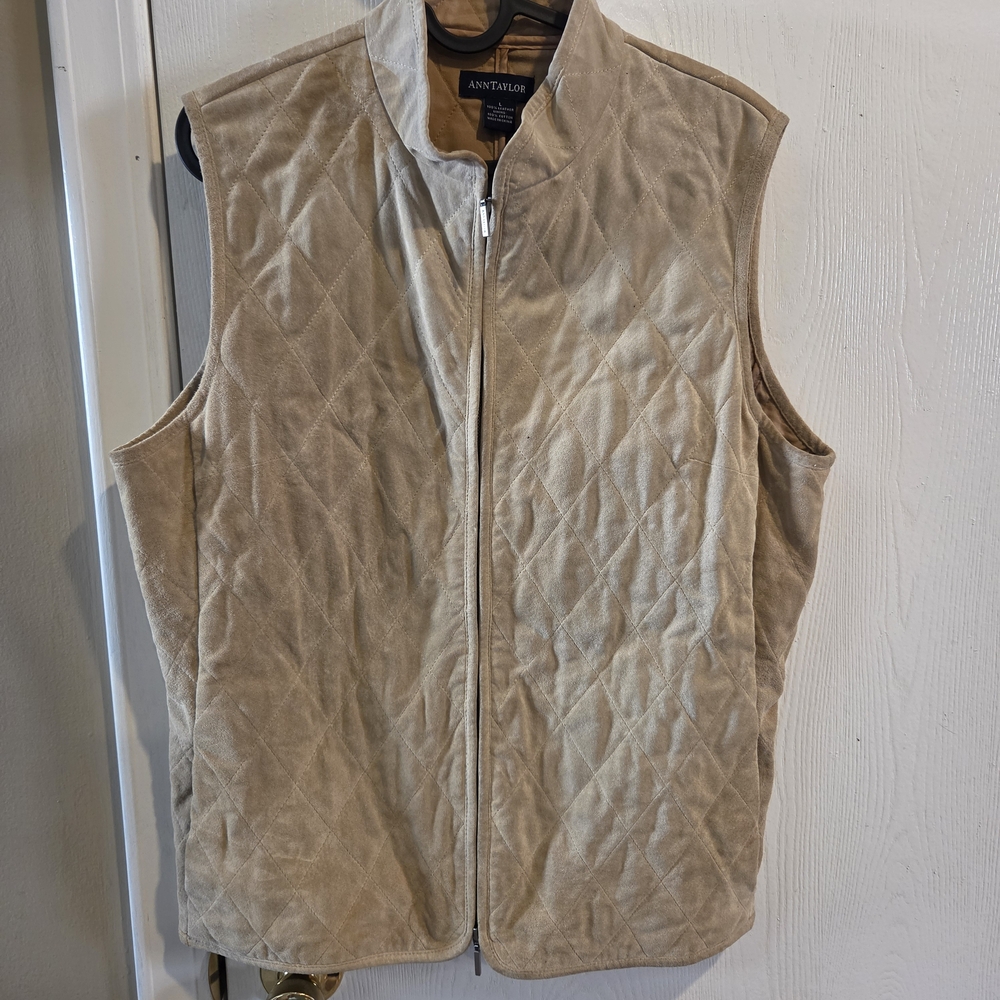 Ann Taylor Quilted Beige Suede Zip Vest